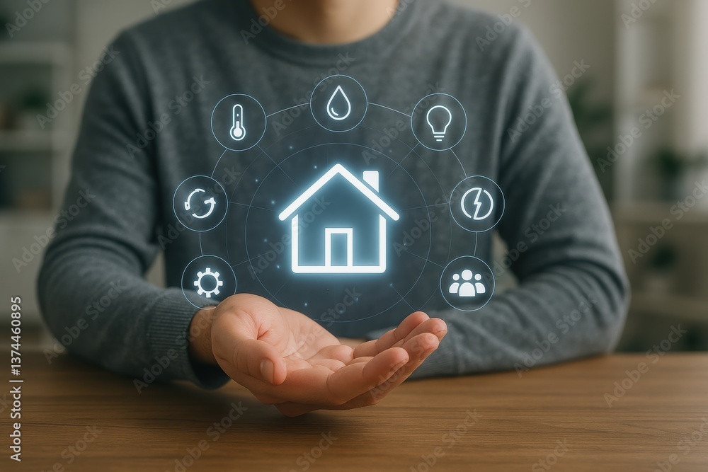Poster smart home integration: a person presenting a digital projection of a smart home concept, showcasing