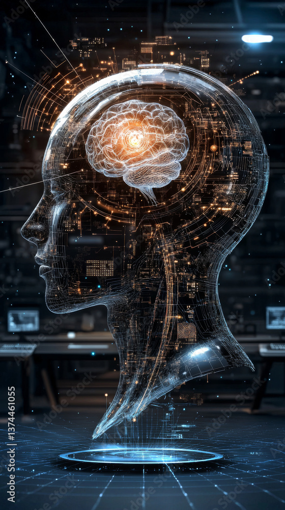 Poster futuristic depiction of neural implants seamlessly integrating with the brain