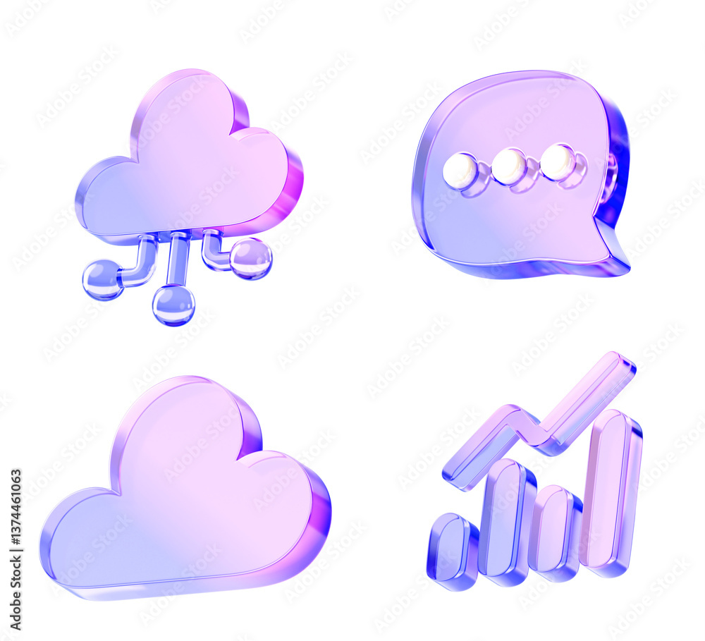 Poster 3d glass holographic ui icon set for app, web design render. Iridescent crystal infographic elements, speech bubble, bar chart, ai cloud with morphism gradient, business technology