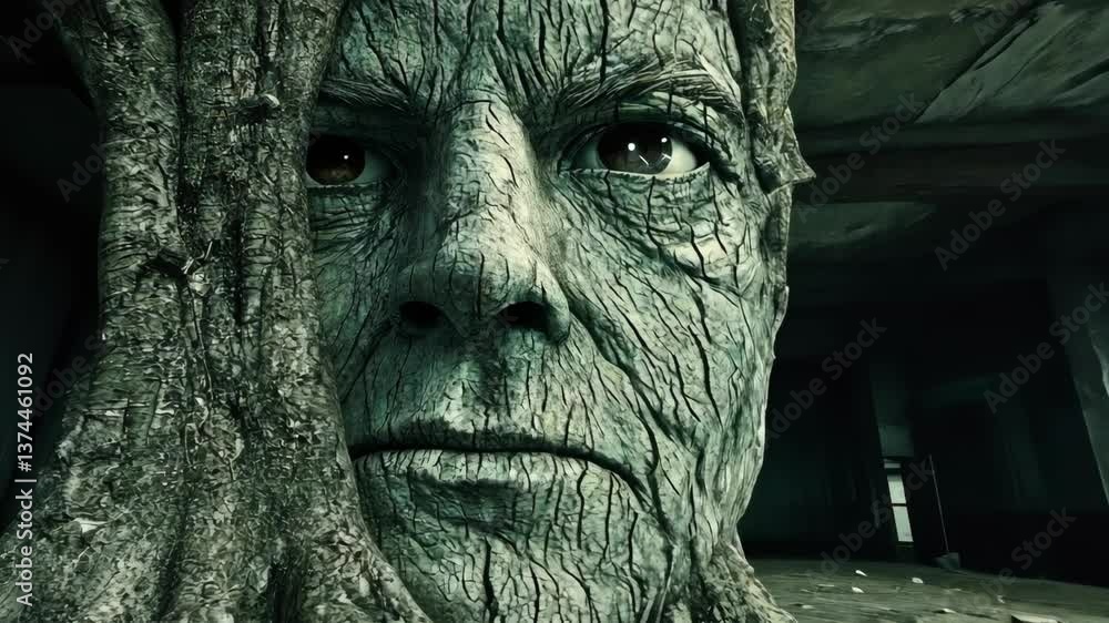 Poster close-up of a tree-like figure with a human face in an abandoned building during daylight