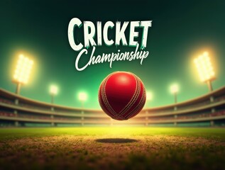 Cricket championship poster, cricket ball mid-air, green-red background, "Cricket Championship" text, floodlights, energetic vibe