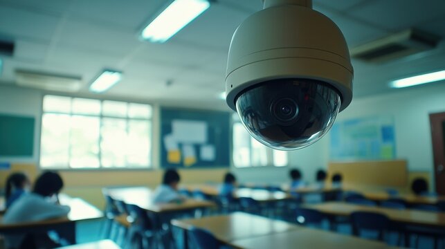 A security camera hangs in a classroom, monitoring students as they engage in their activities at desks in a well-lit environment.