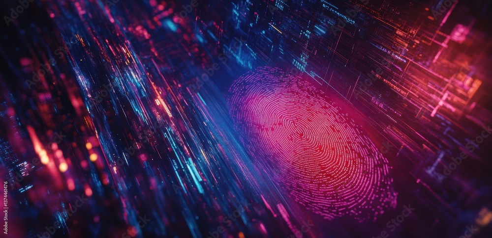 Aufkleber a vibrant digital representation of a fingerprint amidst streams of colorful data, symbolizing ident