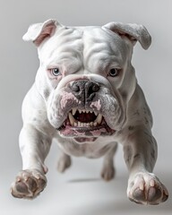 Fototapeta premium A snarling Pitbull terrier, displaying sharp teeth, captured in an aggressive pose against a white background