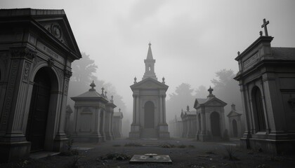 Obraz premium Grayscale Image of Above Ground Tombs in a Cemetery