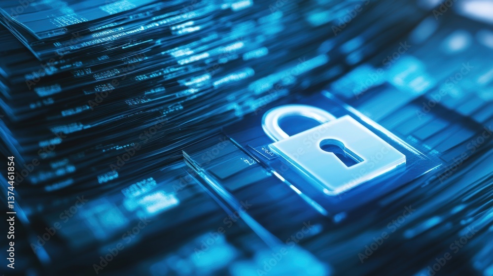 Poster a digital lock symbol sits atop a stack of data, representing security and privacy in technology.