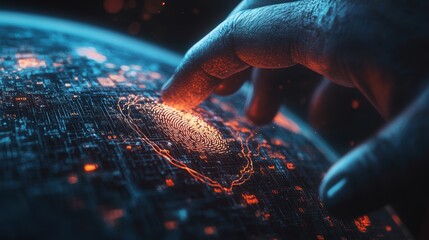 A digital hand touches a glowing fingerprint overlay on a circuit-like globe, symbolizing technology and identity in a futuristic setting.