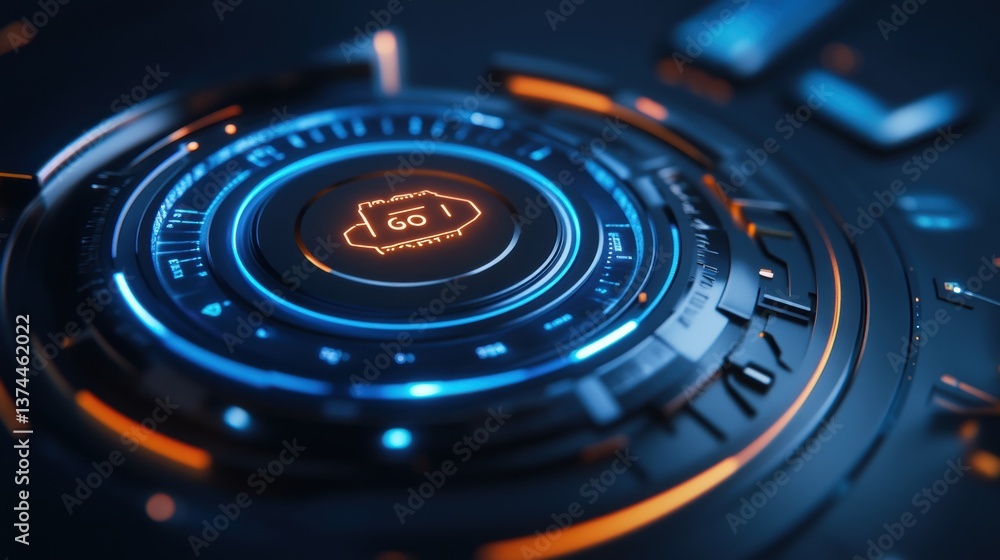 Poster a futuristic interface featuring a circular control panel with blue and orange accents, displaying a