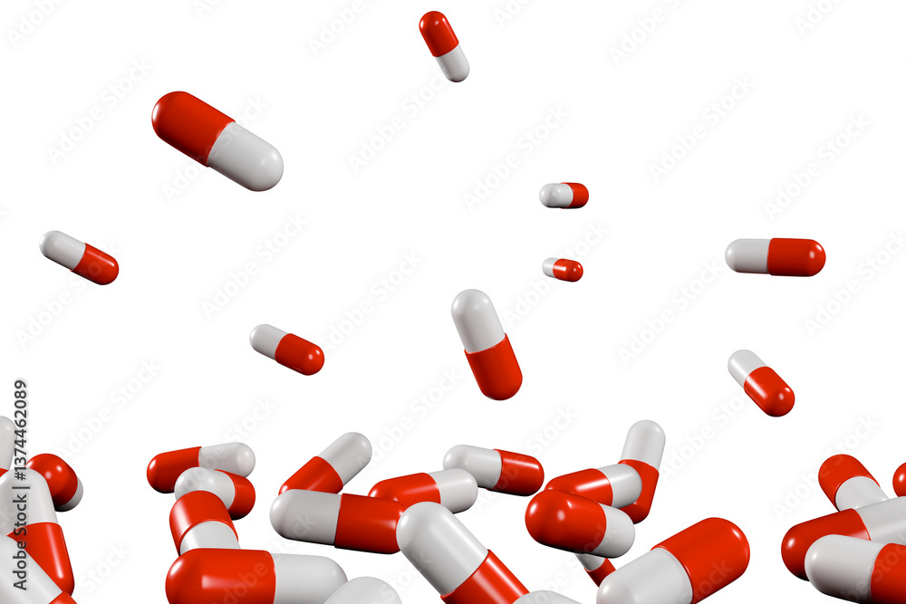 Poster capsules scattered on a white background, showcasing various angles and positions. 3d rendering