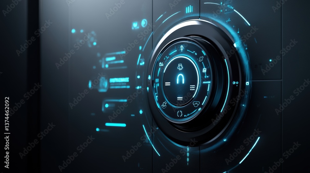 Poster a futuristic control panel featuring a circular interface with glowing blue elements, displaying dig