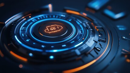 A futuristic interface featuring a circular control panel with blue and orange accents, displaying a digital readout labeled "GO.