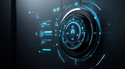 A futuristic control panel featuring a circular interface with glowing blue elements, displaying digital data and icons.