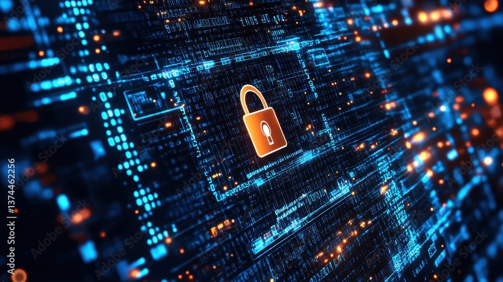 Poster a digital representation of cybersecurity, featuring a glowing padlock icon amidst a network of blue
