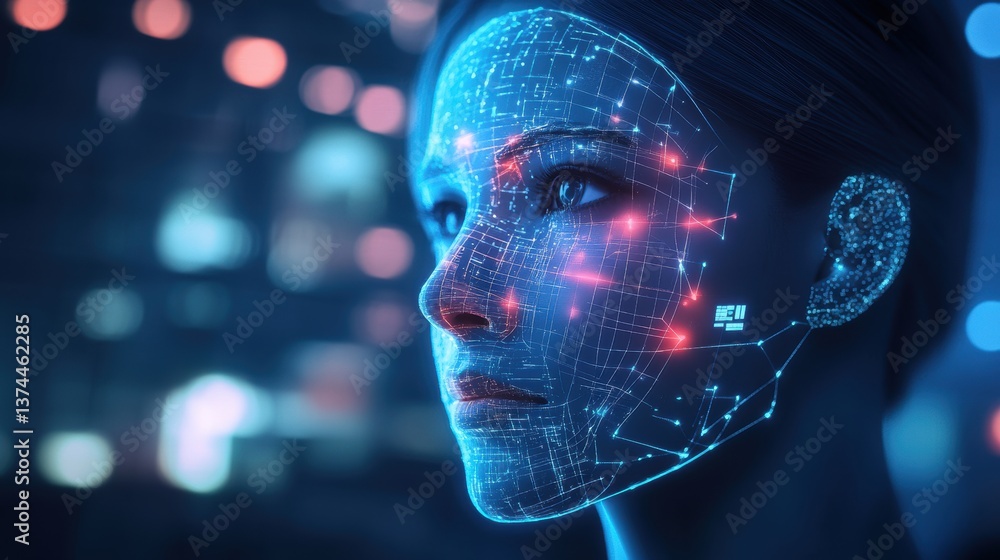 Aufkleber a futuristic digital face with glowing circuits and data points, representing artificial intelligenc