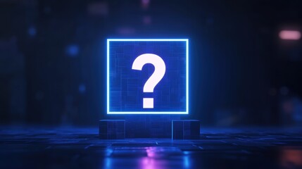 A glowing blue box with a question mark, set against a dark background, evokes curiosity and mystery in a digital atmosphere.