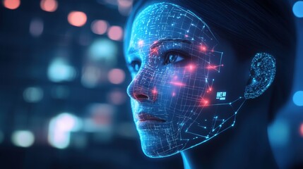 A futuristic digital face with glowing circuits and data points, representing artificial intelligence and advanced technology.