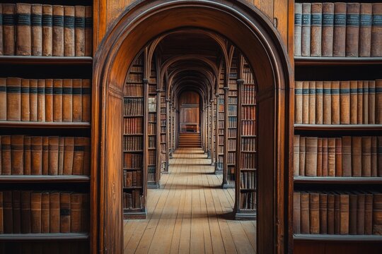 Captivating view of an old library  wooden shelves brimming with ancient leather bound tomes