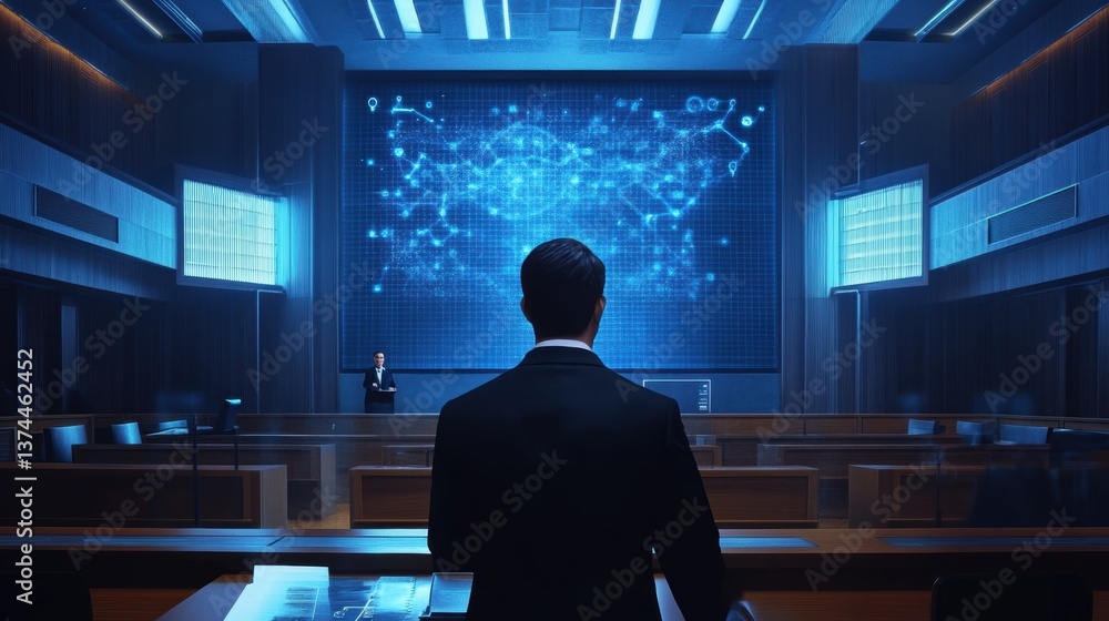 Poster a person in a suit stands before a high-tech screen displaying data visuals in a modern, sophisticat