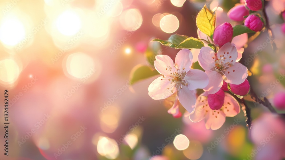 Poster a close-up of delicate pink and white blossoms illuminated by soft sunlight, creating a dreamy atmos