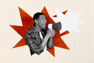 Trend artwork banner sketch 3D photo collage of young man hand hold loudspeaker propaganda speech...