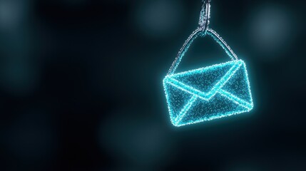 A glowing holographic envelope suspended against a dark background, symbolizing digital communication and technology.