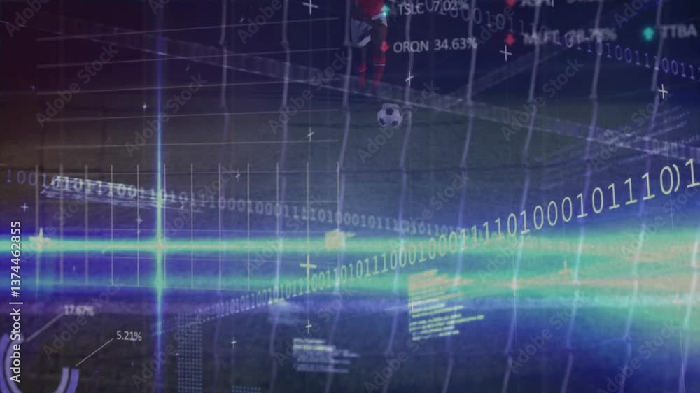 Poster animation of binary code and data graphics overlaying soccer field with ball