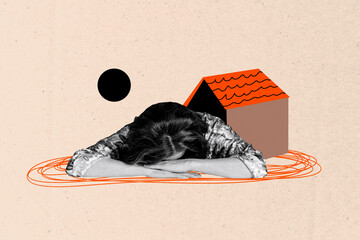 Contemporary art collage of unhappy girl lay face homeless refugee immigrant traveler relocation...
