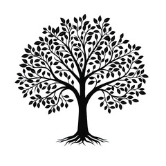 A detailed black silhouette of tree with abundant leaves and visible roots, symbolizing growth and nature. intricate design captures essence of flourishing tree