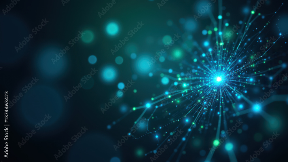 Poster a digital illustration featuring a central cluster with bright, radiating lines simulating a glp-1 m