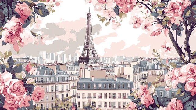 French Girly Art Scene: Modern Painted Pattern, Seaside Illustration, Chic Feminine Artwork, Coastal Design, Artistic French Vibe.
