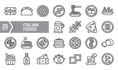 25 Line Icons of Popular Italian Foods and Dishes.