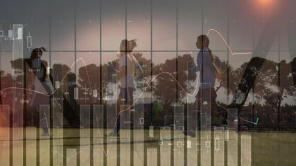 People playing golf overlaid with financial data charts and graphs animation - Powered by Adobe