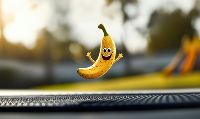 A whimsical banana character with a joyful smile floats happily in an outdoor scene.
