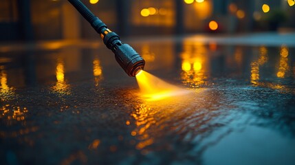 high-pressure water jet cleaning a puddle, outdoor scene 