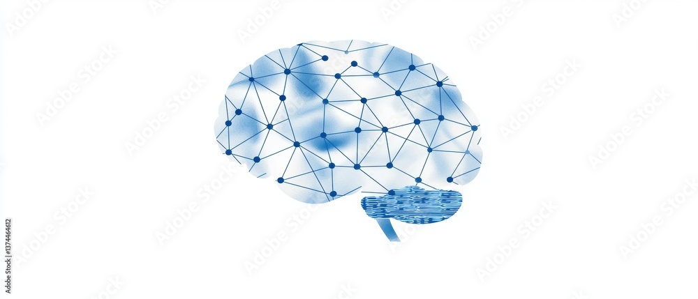 Poster a stylized blue brain illustration with interconnected lines representing neural networks and cognit