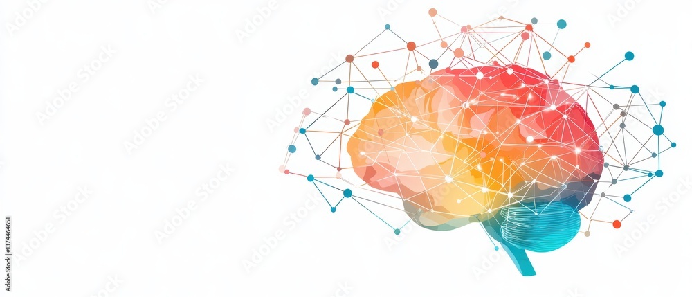 Poster a vibrant, abstract illustration of a brain connected by colorful lines and nodes, symbolizing neura