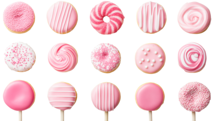 Assorted Pink Cookies, Doughnuts and Pops, Various Designs, cut out transparent