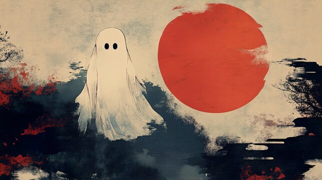 Minimalist Japanese Ghost Art: Ethereal Spirit Illustration, Haunting Minimal Design, Traditional Japanese Folklore, Spooky Anime Style, Serene Supernatural Artwork.
