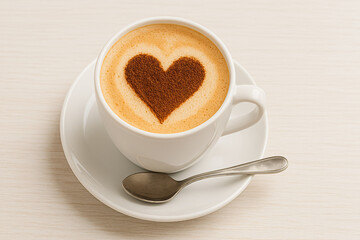 Fototapeta premium A photograph features a single white ceramic cup of cappuccino on a saucer, with a heart-shaped cocoa design in the foam. Placed on a warm wooden surface with a spoon beside it, the scene conveys a co