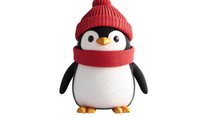 Cute penguin with hat and scarf, isolated, cut out transparent