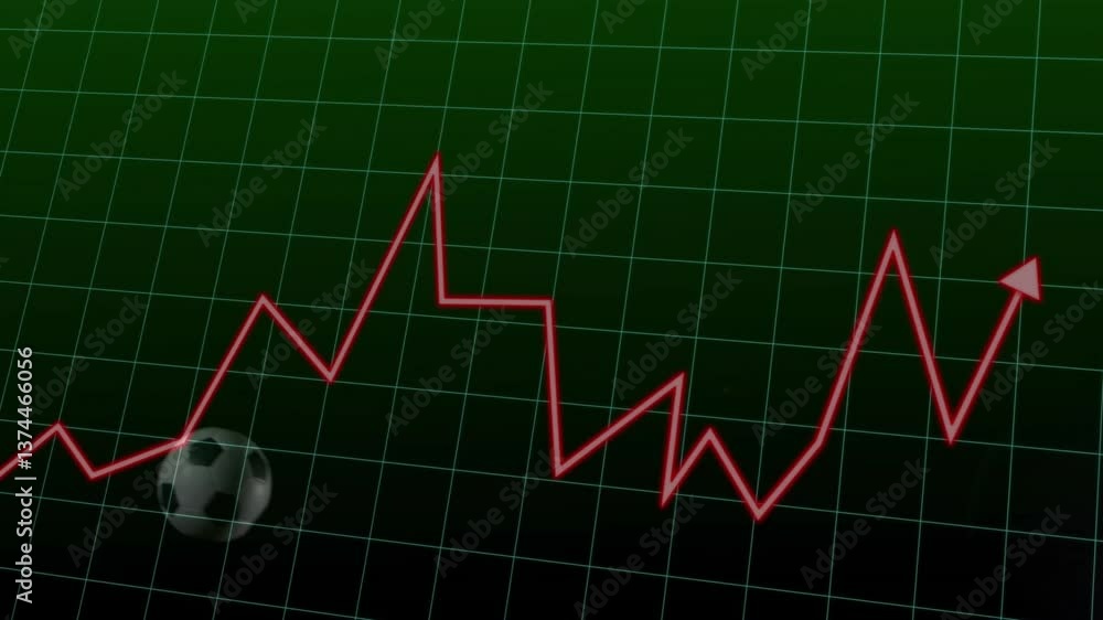 Poster red line graph animation over soccer player kicking ball on green grid background