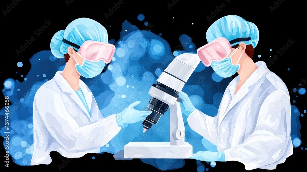 Poster two scientists in lab coats and masks collaborate with a microscope against a vibrant abstract backg