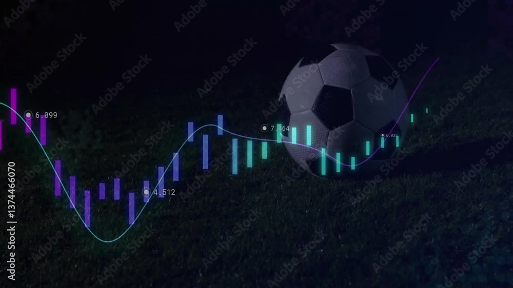 Aufkleber animation of financial graph and data visualization overlay on soccer ball on grass