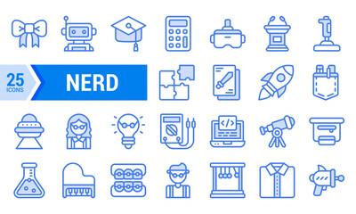 25 Blue Line Icons Representing the Stereotypical Nerd.