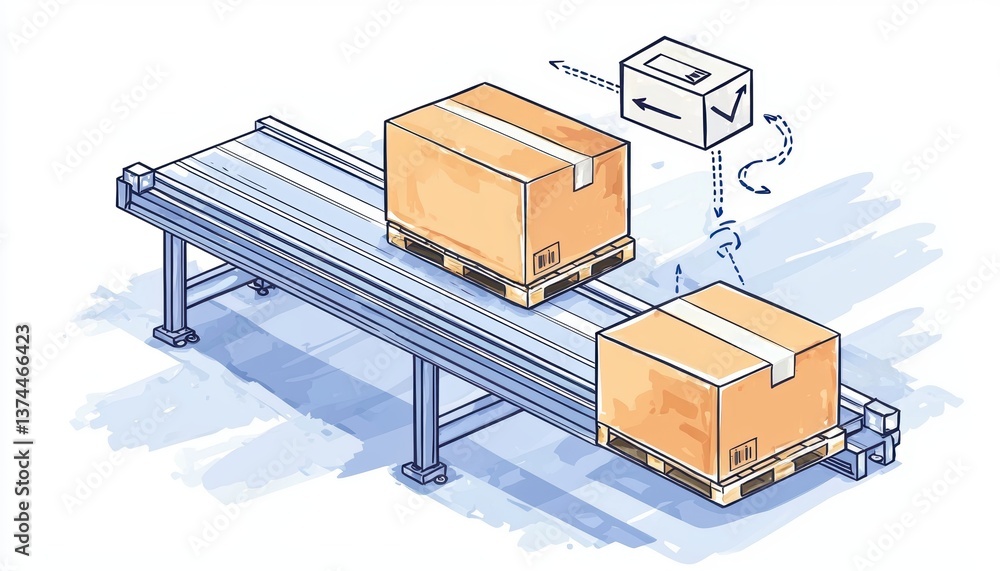 Poster a simple illustration of a conveyor belt with stacked boxes, showcasing a box being transported, emp
