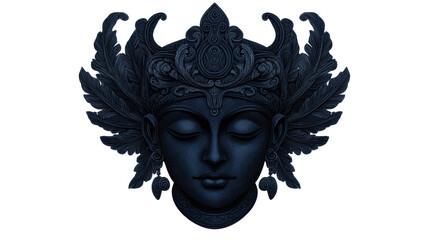 Fototapeta premium Serene blue statue of female face with feathers, cut out transparent