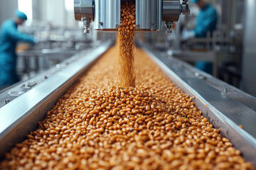 Modern insect protein processing plant with conveyor belt full of larvae and workers in protective gloves in background