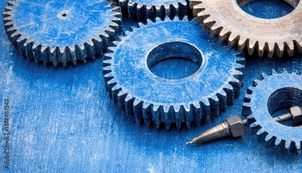 Poster a close-up of metallic gears with a blue background, showcasing intricate details and textures, emph