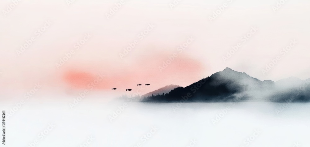 Poster a serene landscape featuring mountains shrouded in mist and a soft red sky, creating a tranquil and 