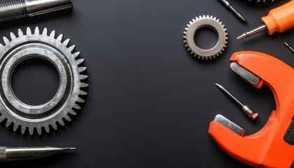 A collection of tools and gears arranged on a dark surface, showcasing mechanical components and precision instruments for various tasks.